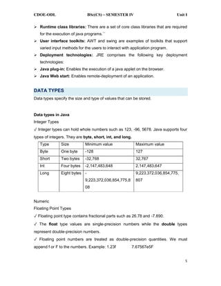 CDOE-ODL BSc(CS) SEMESTER IV Unit I
5
Runtime class libraries: There are a set of core class libraries that are required
for the execution of java programs.``
User interface toolkits: AWT and swing are examples of toolkits that support
varied input methods for the users to interact with application program.
Deployment technologies: JRE comprises the following key deployment
technologies:
Java plug-in: Enables the execution of a java applet on the browser.
Java Web start: Enables remote-deployment of an application.
DATA TYPES
Data types specify the size and type of values that can be stored.
Data types in Java
Integer Types
Integer types can hold whole numbers such as 123, -96, 5678. Java supports four
types of integers. They are byte, short, int, and long.
Type Size Minimum value Maximum value
Byte One byte -128 127
Short Two bytes -32,768 32,767
Int Four bytes -2,147,483,648 2,147,483,647
Long Eight bytes -
9,223,372,036,854,775,8
08
9,223,372,036,854,775,
807
Numeric
Floating Point Types
Floating point type contains fractional parts such as 26.78 and -7.890.
The float type values are single-precision numbers while the double types
represent double-precision numbers.
Floating point numbers are treated as double-precision quantities. We must
append f or F to the numbers. Example: 1.23f 7.67567e5F
 