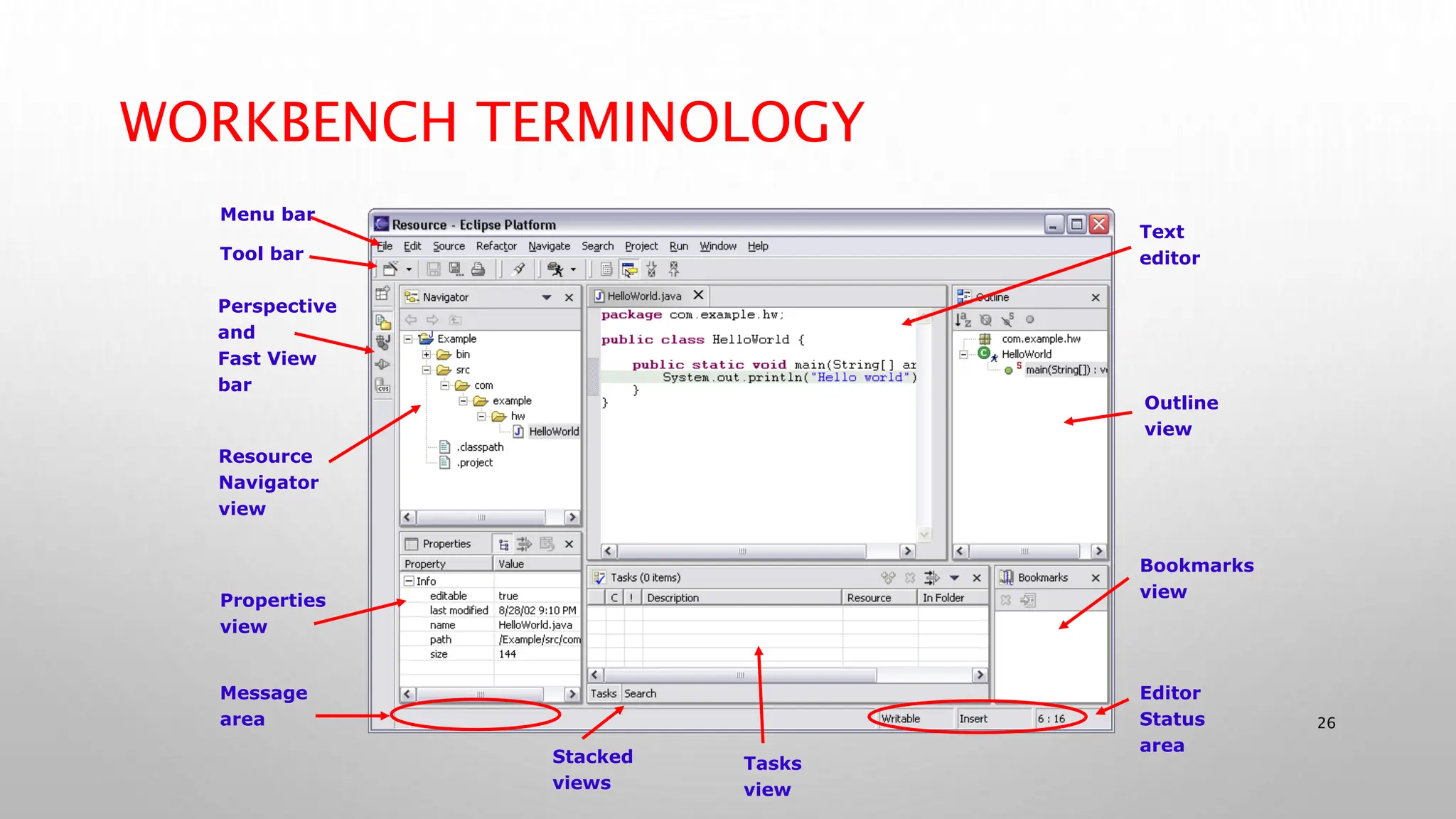 26
WORKBENCH TERMINOLOGY
Tool bar
Perspective
and
Fast View
bar
Resource
Navigator
view
Stacked
views
Properties
view
Tasks
view
Outline
view
Bookmarks
view
Menu bar
Message
area
Editor
Status
area
Text
editor
 