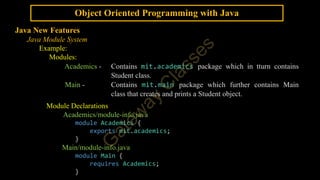 Object Oriented Programming with Java
Java New Features
Java Module System
Example:
Modules:
Academics - Contains mit.academics package which in tturn contains
Student class.
Main - Contains mit.main package which further contains Main
class that creates and prints a Student object.
Module Declarations
Academics/module-info.java
module Academics {
exports mit.academics;
}
Main/module-info.java
module Main {
requires Academics;
}
 