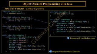 Object Oriented Programming with Java
Java New Features - Lambda Expression
interface IOperations {
int doOperation(int a);
}
class Cls1 implements IOperations {
public int doOperation(int a) {
return a * a;
}
}
class Cls2 implements IOperations {
public int doOperation(int a) {
return a * 2;
}
}
public class NonLambdaDemo {
public static void main(String[] args) {
IOperations intfRef;
Cls1 obj1 = new Cls1();
Cls2 obj2 = new Cls2();
intfRef = obj1;
System.out.println(intfRef.doOperation(3));
intfRef = obj2;
System.out.println(intfRef.doOperation(3));
} }
interface IOperations {
int doOperation(int a);
}
public class LambdaDemo {
public static void main(String[] args) {
IOperations intfRef;
intfRef = a -> a * a;
System.out.println(intfRef.doOperation(3));
intfRef = a -> a * 2;
System.out.println(intfRef.doOperation(3));
}
}
Program with Lambda Expression
Program without Lambda Expression
 
