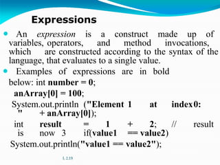 ⚫ An expression is a construct made up of
variables, operators, and method invocations,
which are constructed according to the syntax of the
language, that evaluates to a single value.
⚫ Examples of expressions are in bold
below: int number = 0;
anArray[0] = 100;
System.out.println ("Element 1 at index0:
" + anArray[0]);
int result = 1 + 2; // result
is now 3 if(value1 == value2)
System.out.println("value1 == value2");
L 2.19
Expressions
 