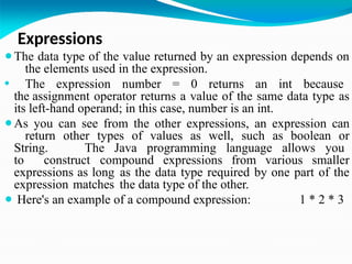 Expressions
⚫The data type of the value returned by an expression depends on
the elements used in the expression.
⚫ The expression number = 0 returns an int because
the assignment operator returns a value of the same data type as
its left-hand operand; in this case, number is an int.
⚫As you can see from the other expressions, an expression can
return other types of values as well, such as boolean or
String. The Java programming language allows you
to construct compound expressions from various smaller
expressions as long as the data type required by one part of the
expression matches the data type of the other.
⚫ Here's an example of a compound expression: 1 * 2 * 3
 