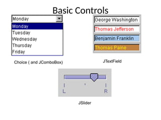 Basic Controls
Choice ( and JComboBox) JTextField
JSlider
 