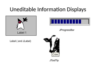 Uneditable Information Displays
Label ( and JLabel)
JProgressBar
JToolTip
 