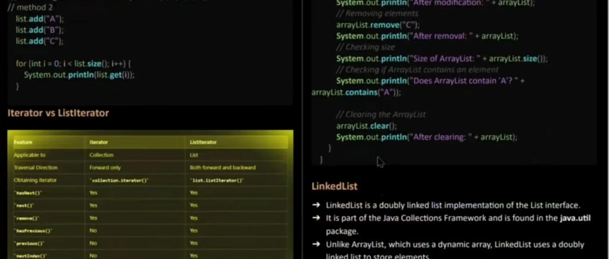 I|method 2 list.add("A"; list. add("B"; list.add("C"); for (int i = 0;i< list.size(); i++) ( System.out. printin list. get(i); System.0ut.printin(" After modihcation:+arrayList); I/Removing elements arrayList.remove("C"); System.out. printin ("After removal:"+ arrayList); / Checking size System.out.printin("Size of ArrayList:" + arrayList. size(): 1/ Checking if ArrayList contains an element System.out. printin(" Does Arraylist contain 'A'? "+ arraylist.contains("A"); Iteratorvs Listiterator Faature Iterator Listiterator /Clearing theArrayList arraylist.clear();: System.out.printin ("After clearing:" + arrayList); Applicable to Collection List Traversal Direction Forward onty Both forward and backoard Obtaining terator hastiext( ext() hesPrevseus() collectin.iterator()' Nc "it.itIterater() LinkedlList LinkedList is a doubly linked list implementation of the List interface. It is part of the Java Collections Framework and is found in the java.util package. Previo() tIndes() Unlike ArrayList, which uses a dynamic array, LinkedList uses a doubly ole 