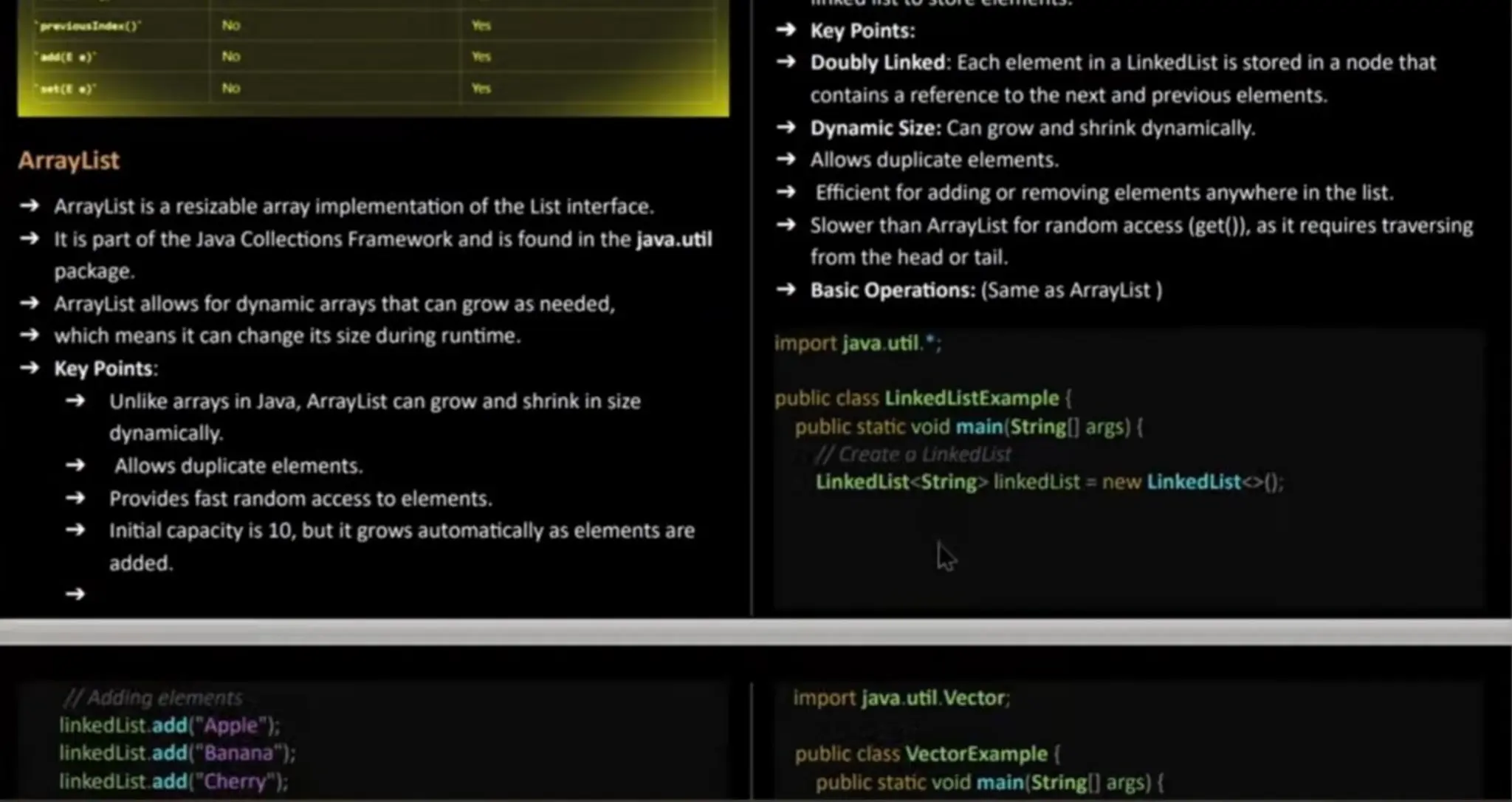 rviousndes()' Ne ( ) No set(E) No ArrayList ArrayList is a resizable array implementation of the List interface. It is part of the Java Collections Framework and is found in the java.util package. Arraylist allows for dynamic arrays that can grow asneeded, which means it can change its size during runtime. Key Points: Unlike arrays in Java, ArrayList can grow and shrink in size dynamically. Allows duplicate elements. Provides fast random access to elements. Initial capacity is 10, but it grows automatically aselementsare added. Key Points: Doubly Linked: Each element in a LinkedList is stored in a node that contains a reference to the next and previous elements. Dynamic Size: Can grow and shrink dynamically. Allows duplicate elements. Efficient for adding or removingelementsanywhere in the list. Slowerthan ArrayList for random access (get(), as it requires traversing from the head or tail. Basic Operations: (SameasArraylist ) import java.util.: public class LinkedListExample ( public static void main(Stringl] args) { 1/Create oLinkedList LinkedList<String> linkedlist = new LinkedList<>): HAdding elements linkedList.add("Apple"); linkedList.add("Banana"); linkedList. add("Cherry" ); import java. util.Vector; public classVectorExample { public staticvoid main (String|] args) { 