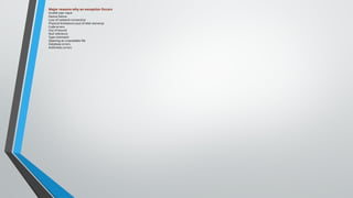 Major reasons why an exception Occurs
Invalid user input
Device failure
Loss of network connection
Physical limitations (out-of-disk memory)
Code errors
Out of bound
Null reference
Type mismatch
Opening an unavailable file
Database errors
Arithmetic errors
 