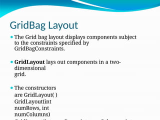 GridBag Layout
⚫The Grid bag layout displays components subject
to the constraints specified by
GridBagConstraints.
⚫GridLayout lays out components in a two-
dimensional
grid.
⚫The constructors
are GridLayout( )
GridLayout(int
numRows, int
numColumns)
 