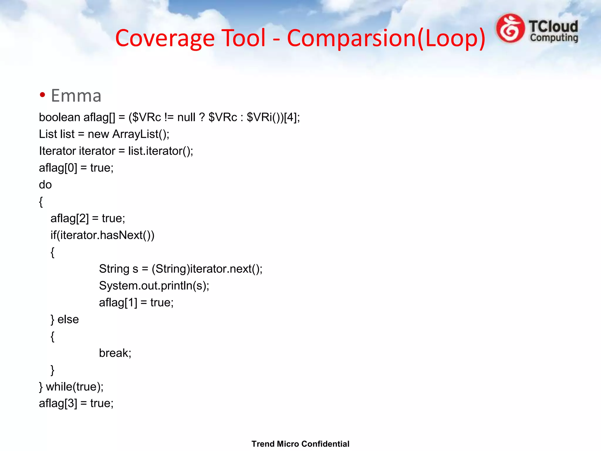 Coverage Tool - Comparsion(Loop)

• Emma
boolean aflag[] = ($VRc != null ? $VRc : $VRi())[4];
List list = new ArrayList();
Iterator iterator = list.iterator();
aflag[0] = true;
do
{
   aflag[2] = true;
   if(iterator.hasNext())
   {
               String s = (String)iterator.next();
               System.out.println(s);
               aflag[1] = true;
   } else
   {
               break;
   }
} while(true);
aflag[3] = true;


                                          Trend Micro Confidential
 