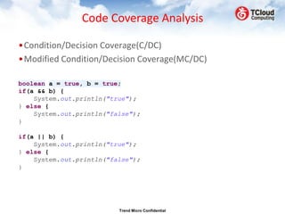 Code Coverage Analysis

•Condition/Decision Coverage(C/DC)
•Modified Condition/Decision Coverage(MC/DC)

boolean a = true, b = true;
if(a && b) {
    System.out.println("true");
} else {
    System.out.println("false");
}

if(a || b) {
    System.out.println("true");
} else {
    System.out.println("false");
}




                          Trend Micro Confidential
 