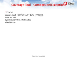 Coverage Tool - Comparsion(Exception)

• Emma
boolean aflag[] = ($VRc != null ? $VRc : $VRi())[3];
String s = "abc";
System.out.println(s.substring(5));
aflag[0] = true;




                                    Trend Micro Confidential
 