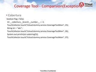 Coverage Tool - Comparsion(Exception)

• Cobertura
boolean flag = false;
int __cobertura__branch__number__ = -1;
TouchCollector.touch("tcloud.dummy.service.CoverageTestMain", 25);
String str = "abc";
TouchCollector.touch("tcloud.dummy.service.CoverageTestMain", 26);
System.out.println(str.substring(5));
TouchCollector.touch("tcloud.dummy.service.CoverageTestMain", 27);




                                   Trend Micro Confidential
 