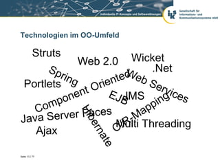 Technologien im OO-Umfeld

          Struts                  Wicket
                       Web 2.0
                                     .Net
   Portlets
                                 JMS

                             Multi Threading
                Ajax

Seite 13 / 77
 