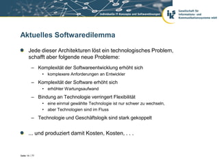 Aktuelles Softwaredilemma

       Jede dieser Architekturen löst ein technologisches Problem,
       schafft aber folgende neue Probleme:
          – Komplexität der Softwareentwicklung erhöht sich
                • komplexere Anforderungen an Entwickler
          – Komplexität der Software erhöht sich
                • erhöhter Wartungsaufwand
          – Bindung an Technologie verringert Flexibilität
                • eine einmal gewählte Technologie ist nur schwer zu wechseln,
                • aber Technologien sind im Fluss
          – Technologie und Geschäftslogik sind stark gekoppelt


       ... und produziert damit Kosten, Kosten, . . .


Seite 14 / 77
 
