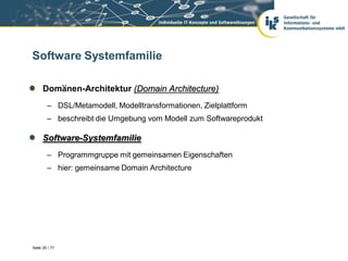 Software Systemfamilie

      Domänen-Architektur (Domain Architecture)
        – DSL/Metamodell, Modelltransformationen, Zielplattform
        – beschreibt die Umgebung vom Modell zum Softwareprodukt

      Software-Systemfamilie
        – Programmgruppe mit gemeinsamen Eigenschaften
        – hier: gemeinsame Domain Architecture




Seite 25 / 77
 