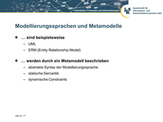 Modellierungssprachen und Metamodelle

       … sind beispielsweise
          – UML
          – ERM (Entity Relationship Model)


       … werden durch ein Metamodell beschrieben
          – abstrakte Syntax der Modellierungssprache
          – statische Semantik
          – dynamische Constraints




Seite 28 / 77
 