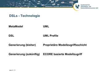 DSLs - Technologie


MetaModel                 UML


DSL                       UML Profile


Generierung (bisher)      Proprietäre Modellzugriffsschicht


Generierung (zukünftig)   ECORE basierte Modellzugriff




Seite 51 / 77
 