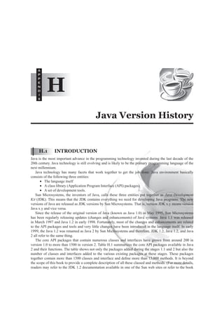 H
                                           Java Version History


     H.1       INTRODUCTION
Java is the most important advance in the programming technology invented during the last decade of the
20th century. Java technology is still evolving and is likely to be the primary programming language of the
next millennium.
   Java technology has many facets that work together to get the job done. Java environment basically
consists of the following three entities:
       ∑ The language itself
       ∑ A class library (Application Program Interface (API) packages)
       ∑ A set of development tools.
   Sun Microsystems, the inventors of Java, calls these three entities put together as Java Development
Kit (JDK). This means that the JDK contains everything we need for developing Java programs. The new
versions of Java are released as JDK versions by Sun Microsystems. That is, version JDK x.y means version
Java x.y and vice versa.
   Since the release of the original version of Java (known as Java 1.0) in May 1995, Sun Microsystems
has been regularly releasing updates (changes and enhancements) of Java systems. Java 1.1 was released
in March 1997 and Java 1.2 in early 1998. Fortunately, most of the changes and enhancements are related
to the API packages and tools and very little changes have been introduced in the language itself. In early
1999, the Java 1.2 was renamed as Java 2 by Sun Microsystems and therefore, JDK 1.2, Java 1.2, and Java
2 all refer to the same thing.
   The core API packages that contain numerous classes and interfaces have grown from around 200 in
version 1.0 to more than 1500 in version 2. Table H.1 summarizes the core API packages available in Java
2 and their functions. The table shows not only the packages added during the stages 1.1 and 2 but also the
number of classes and interfaces added to the various existing packages at these stages. These packages
together contain more than 1500 classes and interface and deﬁne more than 13,000 methods. It is beyond
the scope of this book to provide a complete description of all these classed and methods. (For more details,
readers may refer to the JDK 1.2 documentation available in one of the Sun web sites or refer to the book
 