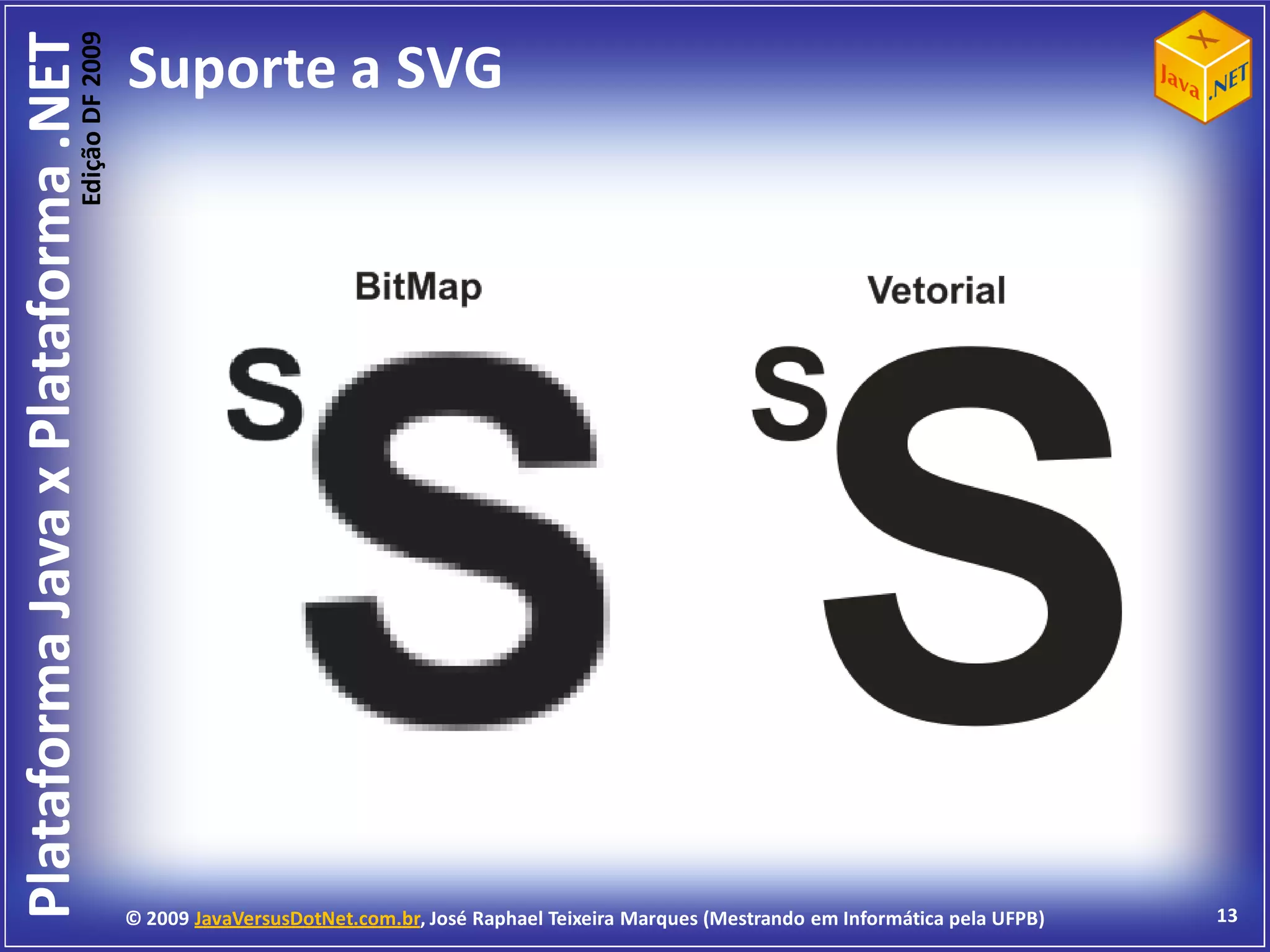 Edição DF 2009
Plataforma Java x Plataforma .NET           Suporte a SVG




                                            © 2009 JavaVersusDotNet.com.br, José Raphael Teixeira Marques (Mestrando em Informática pela UFPB)   13
 