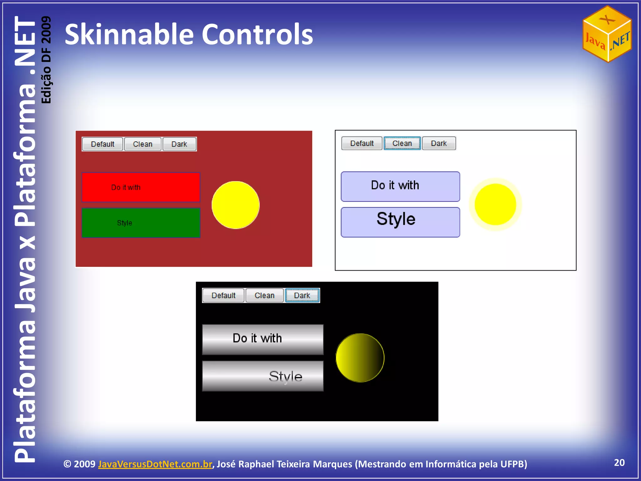 Edição DF 2009
Plataforma Java x Plataforma .NET           Skinnable Controls




                                            © 2009 JavaVersusDotNet.com.br, José Raphael Teixeira Marques (Mestrando em Informática pela UFPB)   20
 