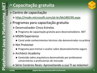 Edição SP 2010
Plataforma Java x Plataforma .NET               Capacitação gratuita
                                             Centro de               capacitação
                                                 http://msdn.microsoft.com/pt-br/bb188199.aspx

                                             Programas para                      capacitação gratuita
                                                 Desenvolvedor                 Cinco Estrelas
                                                       Programa de capacitação gratuita para desenvolvedores .NET
                                                 MSDN Experience
                                                       Canal onde conhecimentos técnicos são demonstrados na prática
                                                 Net Protector
                                                       Programa para treinar e avaliar sobre desenvolvimento seguro
                                                 Architect Academy
                                                       Conteúdo sobre arquitetura desenvolvido por professores
                                                        universitários e profissionais de mercado
                                                 Série       Cenários Reais: Aproveitando a sua TI ao máximo!
                                            © 2010 JavaVersusDotNet.com.br, Rogério Moraes de Carvalho (MVP da Microsoft)   6
 