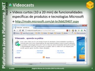 Edição SP 2010
Plataforma Java x Plataforma .NET               Videocasts
                                             Vídeos   curtos (10 a 20 min) de funcionalidades
                                                específicas de produtos e tecnologias Microsoft
                                                 http://msdn.microsoft.com/pt-br/bb629407.aspx




                                            © 2010 JavaVersusDotNet.com.br, Rogério Moraes de Carvalho (MVP da Microsoft)   8
 