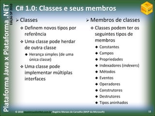 Edição SP 2010
Plataforma Java x Plataforma .NET           C# 1.0: Classes e seus membros
                                             Classes                                                    Membros           de classes
                                                 Definem novos                 tipos por                    Classes podem     ter os
                                                  referência                                                    seguintes tipos de
                                                 Uma classe pode herdar                                        membros
                                                  de outra classe                                                  Constantes
                                                       Herança simples (de uma                                    Campos
                                                        única classe)                                              Propriedades
                                                 Uma classe pode                                                  Indexadores (indexers)
                                                    implementar múltiplas                                          Métodos
                                                    interfaces                                                     Eventos
                                                                                                                   Operadores
                                                                                                                   Construtores
                                                                                                                   Destrutores
                                                                                                                   Tipos aninhados

                                            © 2010 JavaVersusDotNet.com.br, Rogério Moraes de Carvalho (MVP da Microsoft)                    12
 