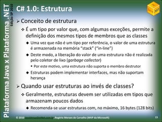 Edição SP 2010
Plataforma Java x Plataforma .NET           C# 1.0: Estrutura
                                             Conceito              de estrutura
                                                 É um tipo   por valor que, com algumas exceções, permite a
                                                    definição dos mesmos tipos de membros que as classes
                                                       Uma vez que não é um tipo por referência, o valor de uma estrutura
                                                        é armazenada na memória “stack” (“in-line”)
                                                       Deste modo, a liberação do valor de uma estrutura não é realizada
                                                        pelo coletor de lixo (garbage collector)
                                                         Por este motivo, uma estrutura não suporta o membro destrutor
                                                       Estruturas podem implementar interfaces, mas não suportam
                                                        herança
                                             Quando              usar estruturas ao invés de classes?
                                                 Geralmente, estruturas devem                              ser utilizadas em tipos que
                                                    armazenam poucos dados
                                                       Recomenda-se usar estruturas com, no máximo, 16 bytes (128 bits)

                                            © 2010 JavaVersusDotNet.com.br, Rogério Moraes de Carvalho (MVP da Microsoft)                 15
 