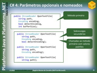 Edição SP 2010
Plataforma Java x Plataforma .NET           C# 4: Parâmetros opcionais e nomeados

                                                 public StreamReader OpenTextFile(                                          Método primário
                                                     string path,
                                                     Encoding encoding,
                                                     bool detectEncoding,
                                                     int bufferSize);

                                                                                                                                 Sobrecargas
                                                      public StreamReader OpenTextFile(                                          secundárias
                                                          string path,
                                                          Encoding encoding,
                                                          bool detectEncoding);                                              Chamadas ao método
                                                                                                                             primário com valores
                                                      public StreamReader OpenTextFile(                                            padrões
                                                          string path,
                                                          Encoding encoding);

                                                      public StreamReader OpenTextFile(
                                                          string path);



                                            © 2010 JavaVersusDotNet.com.br, Rogério Moraes de Carvalho (MVP da Microsoft)                           33
 