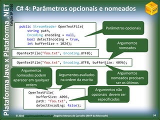 Edição SP 2010
Plataforma Java x Plataforma .NET           C# 4: Parâmetros opcionais e nomeados

                                               public StreamReader OpenTextFile(                                       Parâmetros opcionais
                                                   string path,
                                                   Encoding encoding,= null,
                                                            encoding
                                                   bool detectEncoding,= true,
                                                        detectEncoding
                                                   int bufferSize); 1024);
                                                       bufferSize =                                                            Argumentos
                                                                                                                                nomeados
                                            OpenTextFile("foo.txt", Encoding.UTF8);

                                            OpenTextFile("foo.txt", Encoding.UTF8, bufferSize: 4096);

                                            Argumentos
                                                                               Argumentos avaliados                            Argumentos
                                          nomeados podem
                                                                                na ordem da escrita                         nomeados precisam
                                        aparecer em qualquer
                                                                                                                              ser os últimos
                                               ordem
                                                                                                             Argumentos não
                                                      OpenTextFile(
                                                                                                           opcionais devem ser
                                                          bufferSize: 4096,
                                                          path: "foo.txt",                                    especificados
                                                          detectEncoding: false);

                                            © 2010 JavaVersusDotNet.com.br, Rogério Moraes de Carvalho (MVP da Microsoft)                       34
 