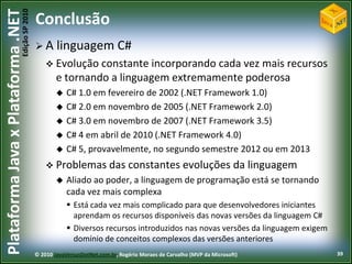 Edição SP 2010
Plataforma Java x Plataforma .NET           Conclusão
                                            A      linguagem C#
                                                 Evolução constante incorporando  cada vez mais recursos
                                                    e tornando a linguagem extremamente poderosa
                                                       C# 1.0 em fevereiro de 2002 (.NET Framework 1.0)
                                                       C# 2.0 em novembro de 2005 (.NET Framework 2.0)
                                                       C# 3.0 em novembro de 2007 (.NET Framework 3.5)
                                                       C# 4 em abril de 2010 (.NET Framework 4.0)
                                                       C# 5, provavelmente, no segundo semestre 2012 ou em 2013
                                                 Problemas das                constantes evoluções da linguagem
                                                       Aliado ao poder, a linguagem de programação está se tornando
                                                        cada vez mais complexa
                                                         Está cada vez mais complicado para que desenvolvedores iniciantes
                                                          aprendam os recursos disponíveis das novas versões da linguagem C#
                                                         Diversos recursos introduzidos nas novas versões da linguagem exigem
                                                          domínio de conceitos complexos das versões anteriores
                                            © 2010 JavaVersusDotNet.com.br, Rogério Moraes de Carvalho (MVP da Microsoft)        39
 
