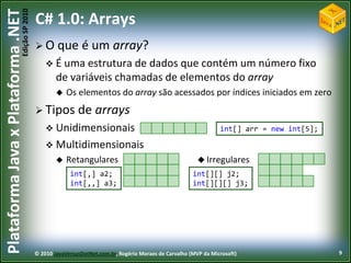 Edição SP 2010
Plataforma Java x Plataforma .NET           C# 1.0: Arrays
                                             O que           é um array?
                                                 É uma estrutura de  dados que contém um número fixo
                                                    de variáveis chamadas de elementos do array
                                                       Os elementos do array são acessados por índices iniciados em zero
                                             Tipos         de arrays
                                                 Unidimensionais                                                 int[] arr = new int[5];

                                                 Multidimensionais
                                                       Retangulares                                       Irregulares
                                                         int[,] a2;                                     int[][] j2;
                                                         int[,,] a3;                                    int[][][] j3;




                                            © 2010 JavaVersusDotNet.com.br, Rogério Moraes de Carvalho (MVP da Microsoft)                   9
 