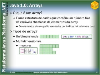 Edição SP 2010
Plataforma Java x Plataforma .NET           Java 1.0: Arrays
                                             O que           é um array?
                                                 É uma estrutura de  dados que contém um número fixo
                                                    de variáveis chamadas de elementos do array
                                                       Os elementos do array são acessados por índices iniciados em zero
                                             Tipos         de arrays
                                                 Unidimensionais                                                 int[] arr = new int[5];

                                                 Multidimensionais
                                                       Irregulares
                                                          int[][] j2;
                                                          int[][][] j3;




                                            © 2010 JavaVersusDotNet.com.br, Rogério Moraes de Carvalho (MVP da Microsoft)                   10
 