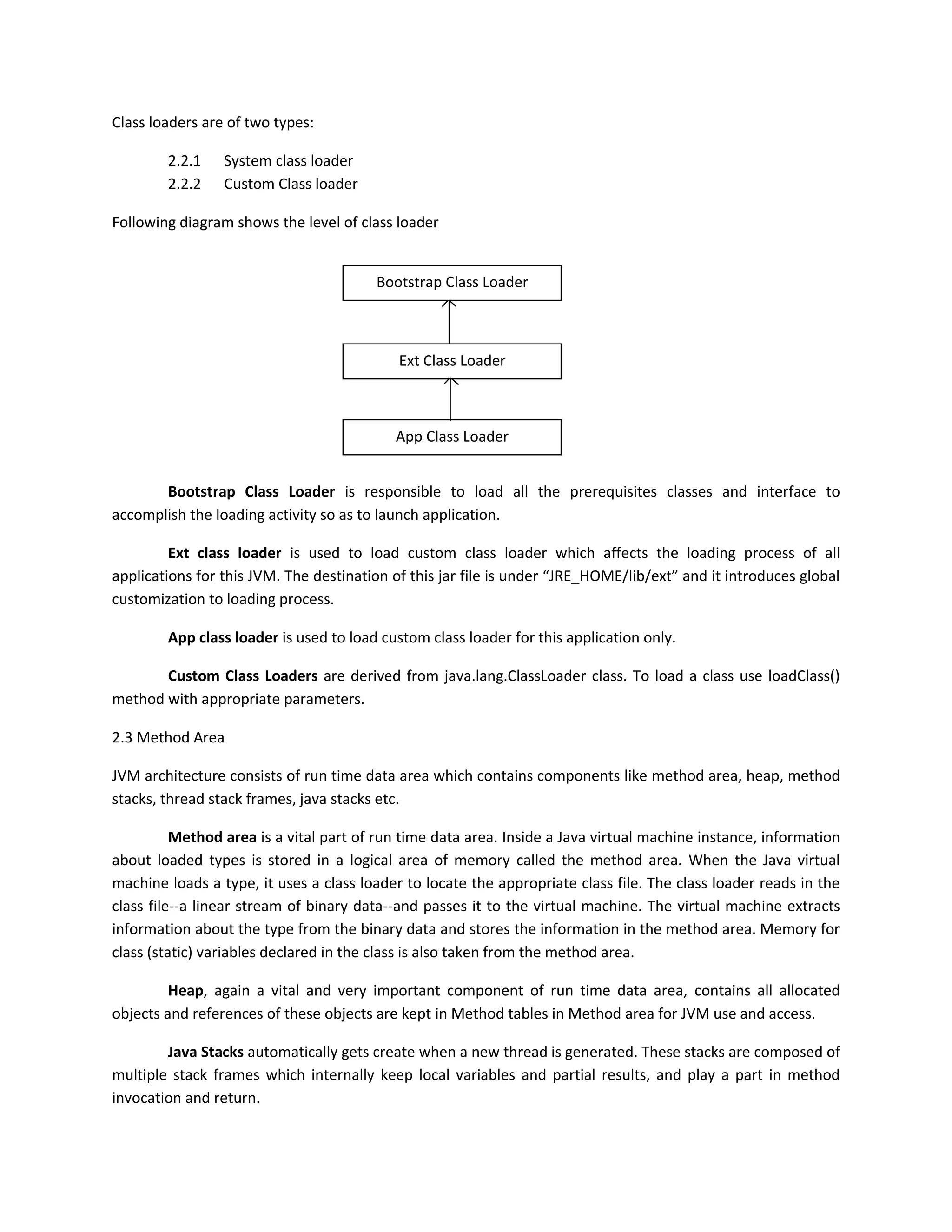 3
| Article by Subnesh Sharma |
Class loaders are of two types:
2.2.1 System class loader
2.2.2 Custom Class loader
Following diagram shows the level of class loader
Bootstrap Class Loader is responsible to load all the prerequisites classes and interface to
accomplish the loading activity so as to launch application.
Ext class loader is used to load custom class loader which affects the loading process of all
applications for this JVM. The destination of this jar file is under “JRE_HOME/lib/ext” and it introduces global
customization to loading process.
App class loader is used to load custom class loader for this application only.
Custom Class Loaders are derived from java.lang.ClassLoader class. To load a class use loadClass()
method with appropriate parameters.
2.3 Method Area
JVM architecture consists of run time data area which contains components like method area, heap, method
stacks, thread stack frames, java stacks etc.
Method area is a vital part of run time data area. Inside a Java virtual machine instance, information
about loaded types is stored in a logical area of memory called the method area. When the Java virtual
machine loads a type, it uses a class loader to locate the appropriate class file. The class loader reads in the
class file--a linear stream of binary data--and passes it to the virtual machine. The virtual machine extracts
information about the type from the binary data and stores the information in the method area. Memory for
class (static) variables declared in the class is also taken from the method area.
Heap, again a vital and very important component of run time data area, contains all allocated
objects and references of these objects are kept in Method tables in Method area for JVM use and access.
Bootstrap Class Loader
Ext Class Loader
App Class Loader
 