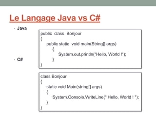 Le Langage Java vs C#
 • Java
          public class Bonjour
          {
            public static void main(String[] args)
                {
                   System.out.println("Hello, World !");
 • C#           }
          }

          class Bonjour
          {
             static void Main(string[] args)
             {
                System.Console.WriteLine(" Hello, World ! ");
             }
          }
 