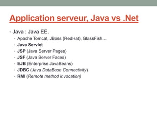 Application serveur, Java vs .Net
• Java : Java EE.
   • Apache Tomcat, JBoss (RedHat), GlassFish…
   • Java Servlet
   • JSP (Java Server Pages)
   • JSF (Java Server Faces)
   • EJB (Enterprise JavaBeans)
   • JDBC (Java DataBase Connectivity)
   • RMI (Remote method invocation)
 