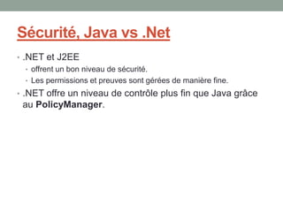 Sécurité, Java vs .Net
• .NET et J2EE
   • offrent un bon niveau de sécurité.
   • Les permissions et preuves sont gérées de manière fine.
• .NET offre un niveau de contrôle plus fin que Java grâce
 au PolicyManager.
 