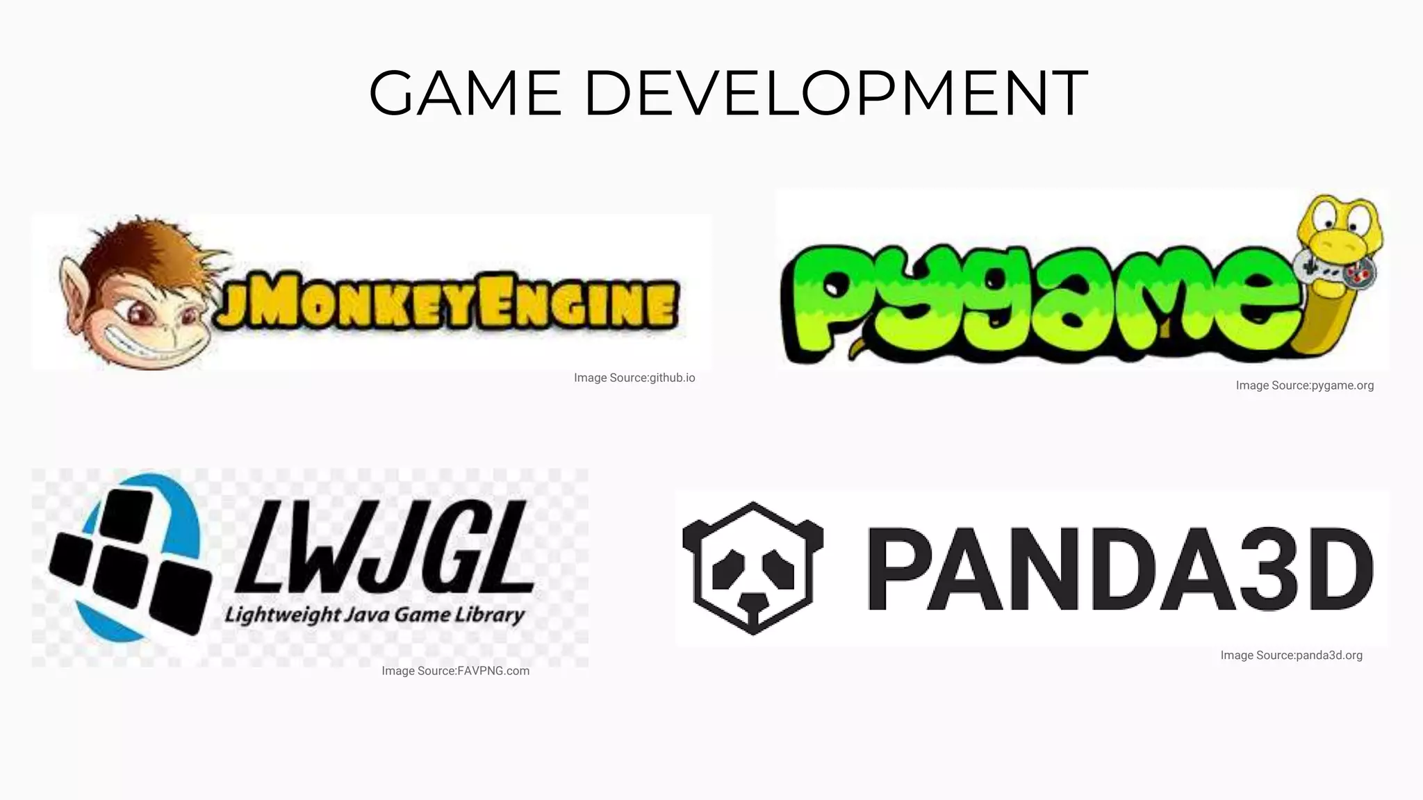GAME DEVELOPMENT Image Source:panda3d.org Image Source:FAVPNG.com Image Source:pygame.org Image Source:github.io 