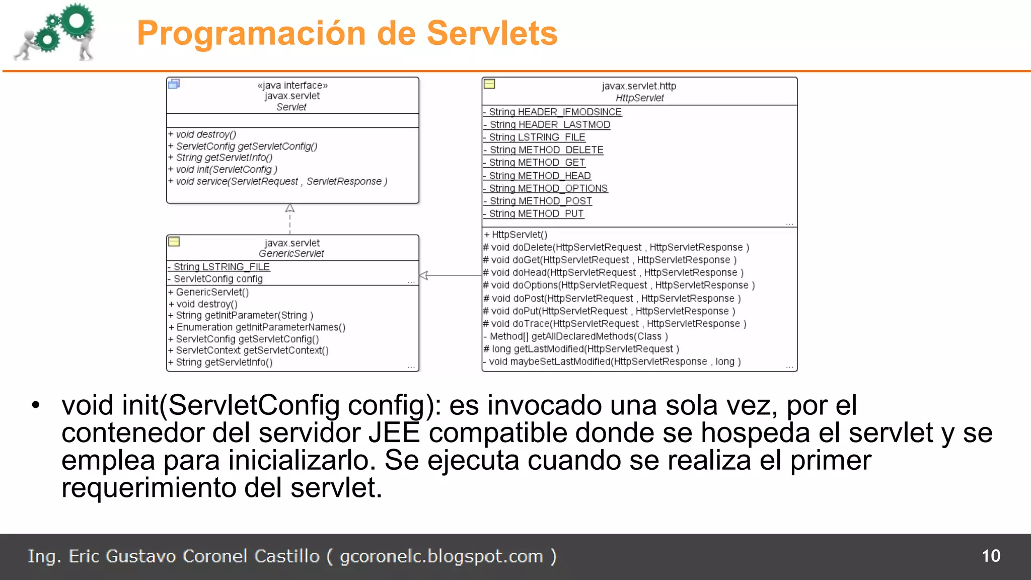 Programación de Servlets
• void init(ServletConfig config): es invocado una sola vez, por el
contenedor del servidor JEE compatible donde se hospeda el servlet y se
emplea para inicializarlo. Se ejecuta cuando se realiza el primer
requerimiento del servlet.
10
 