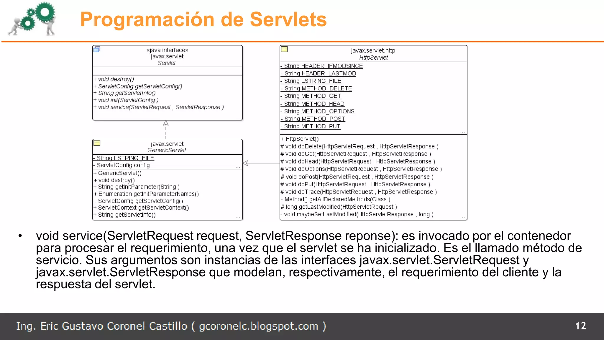 Programación de Servlets
• void service(ServletRequest request, ServletResponse reponse): es invocado por el contenedor
para procesar el requerimiento, una vez que el servlet se ha inicializado. Es el llamado método de
servicio. Sus argumentos son instancias de las interfaces javax.servlet.ServletRequest y
javax.servlet.ServletResponse que modelan, respectivamente, el requerimiento del cliente y la
respuesta del servlet.
12
 