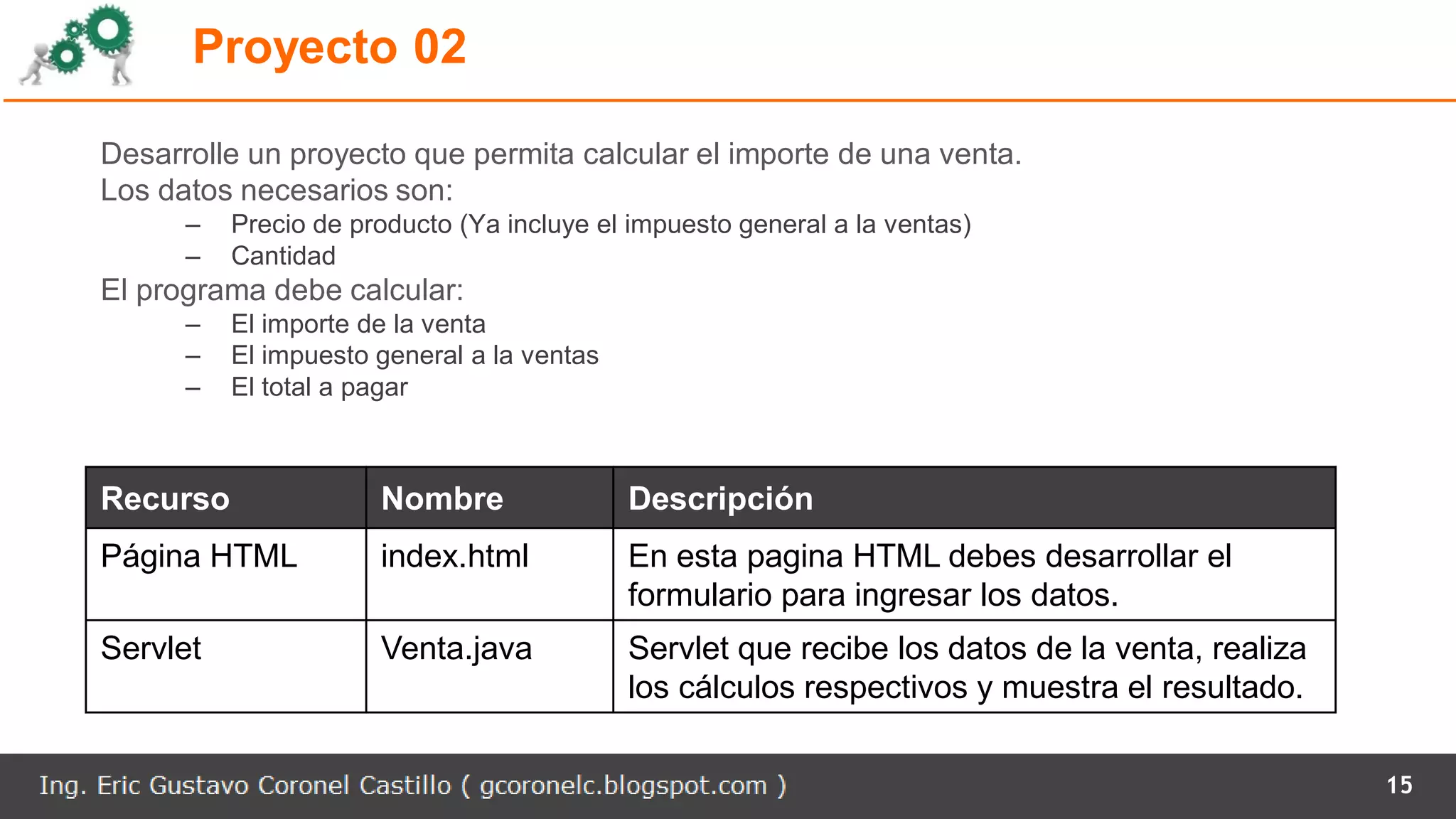 Proyecto 02
15
Desarrolle un proyecto que permita calcular el importe de una venta.
Los datos necesarios son:
– Precio de producto (Ya incluye el impuesto general a la ventas)
– Cantidad
El programa debe calcular:
– El importe de la venta
– El impuesto general a la ventas
– El total a pagar
Recurso Nombre Descripción
Página HTML index.html En esta pagina HTML debes desarrollar el
formulario para ingresar los datos.
Servlet Venta.java Servlet que recibe los datos de la venta, realiza
los cálculos respectivos y muestra el resultado.
 