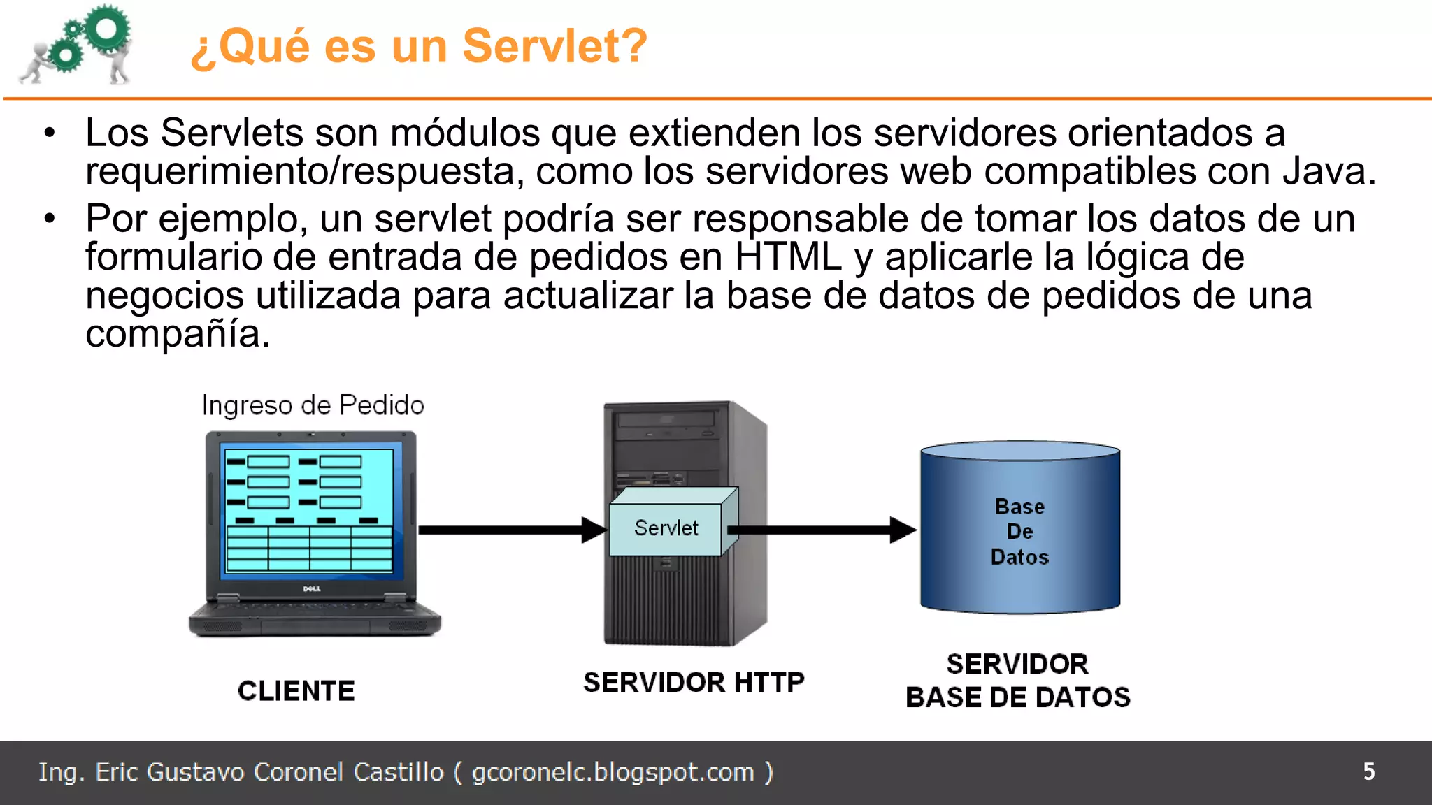 ¿Qué es un Servlet?
• Los Servlets son módulos que extienden los servidores orientados a
requerimiento/respuesta, como los servidores web compatibles con Java.
• Por ejemplo, un servlet podría ser responsable de tomar los datos de un
formulario de entrada de pedidos en HTML y aplicarle la lógica de
negocios utilizada para actualizar la base de datos de pedidos de una
compañía.
5
 
