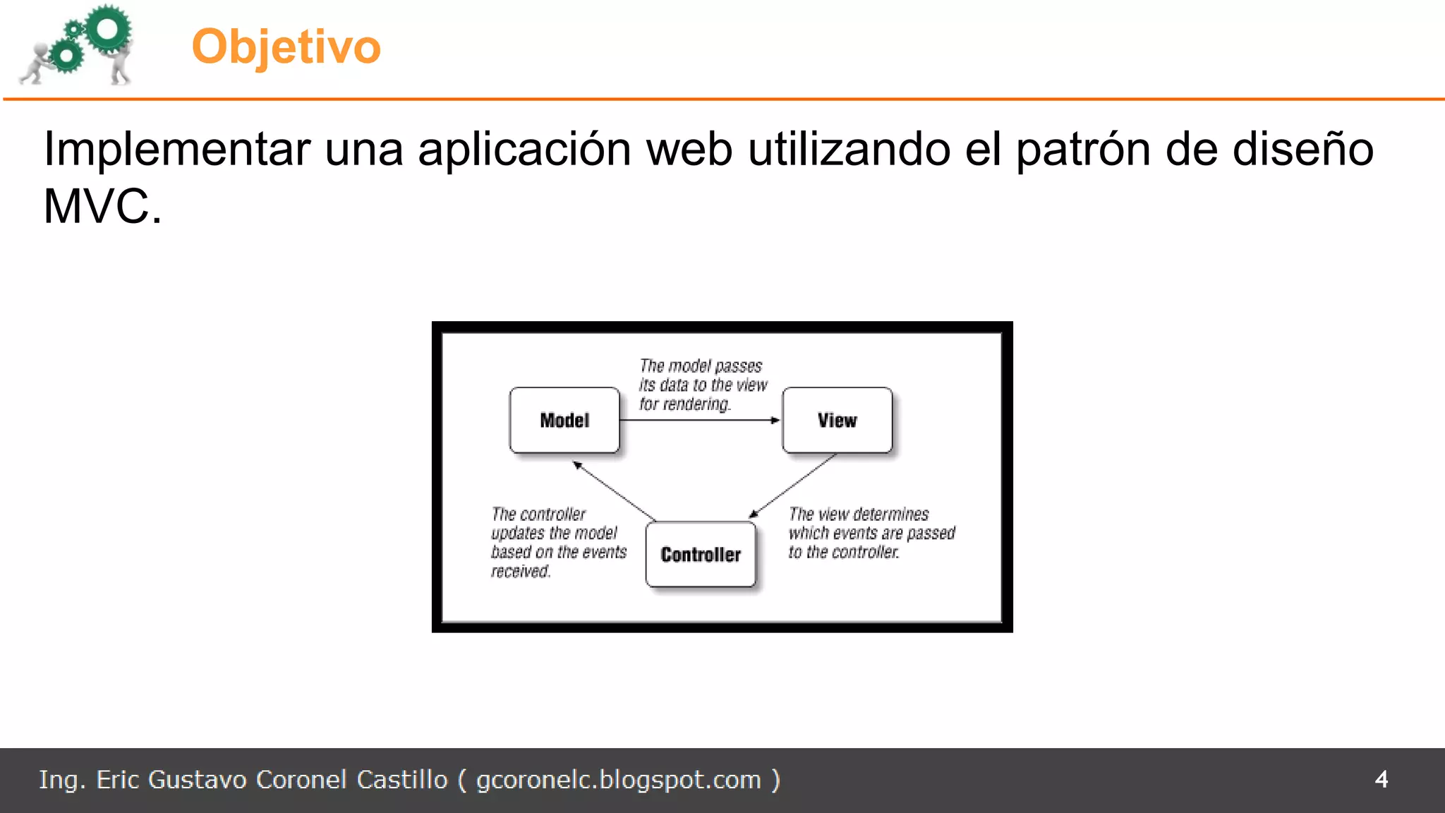 Objetivo
Implementar una aplicación web utilizando el patrón de diseño
MVC.
4
 
