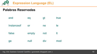 13
Expression Language (EL)
Palabras Reservadas
and eq gt true
Instanceof or ne le
false empty not lt
ge null div mod
 