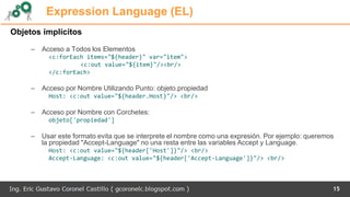 Expression Language (EL)
Objetos implícitos
– Acceso a Todos los Elementos
<c:forEach items="${header}" var="item">
<c:out value="${item}"/><br/>
</c:forEach>
– Acceso por Nombre Utilizando Punto: objeto.propiedad
Host: <c:out value="${header.Host}"/> <br/>
– Acceso por Nombre con Corchetes:
objeto['propiedad']
– Usar este formato evita que se interprete el nombre como una expresión. Por ejemplo: queremos
la propiedad "Accept-Language" no una resta entre las variables Accept y Language.
Host: <c:out value="${header['Host']}"/> <br/>
Accept-Language: <c:out value="${header['Accept-Language']}"/> <br/>
15
 