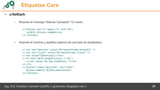 Etiquetas Core
• c:forEach
– Muestra el mensaje "Alianza Campeón" 10 veces.
<c:forEach var="n" begin="1" end="10">
<p>${n} Alianza Campeón</p>
</c:forEach>
– Imprime el nombre y apellido paterno de una lista de empleados.
<c:set var="mensaje" value="${requestScope.mensaje}" />
<c:set var="lista" value="${requestScope.lista}" />
<c:out value="${mensaje}"/><br>
<c:if test="${fn:length(lista) == 0}">
<c:out value="No hay elementos."/><br>
</c:if>
<c:forEach items="${lista}" var="item">
${item.nombre} ${item.paterno}<br>
</c:forEach>
29
 