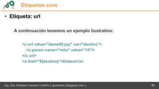 Etiquetas core
• Etiqueta: url
A continuación tenemos un ejemplo ilustrativo:
<c:url value="demo05.jsp" var="destino">
<c:param name="nota" value="15"/>
</c:url>
<a href="${destino}">Enlace</a>
33
 