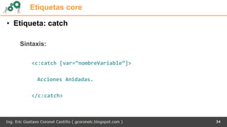 Etiquetas core
• Etiqueta: catch
Sintaxis:
<c:catch [var=”nombreVariable”]>
Acciones Anidadas.
</c:catch>
34
 