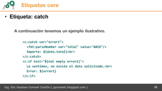 Etiquetas core
• Etiqueta: catch
A continuación tenemos un ejemplo ilustrativo.
<c:catch var="error1">
<fmt:parseNumber var="total" value="ABCD"/>
Importe: ${dato.total}<br>
</c:catch>
<c:if test="${not empty error1}">
Lo sentimos, no existe el dato solicitado.<br>
Error: ${error1}
</c:if>
35
 