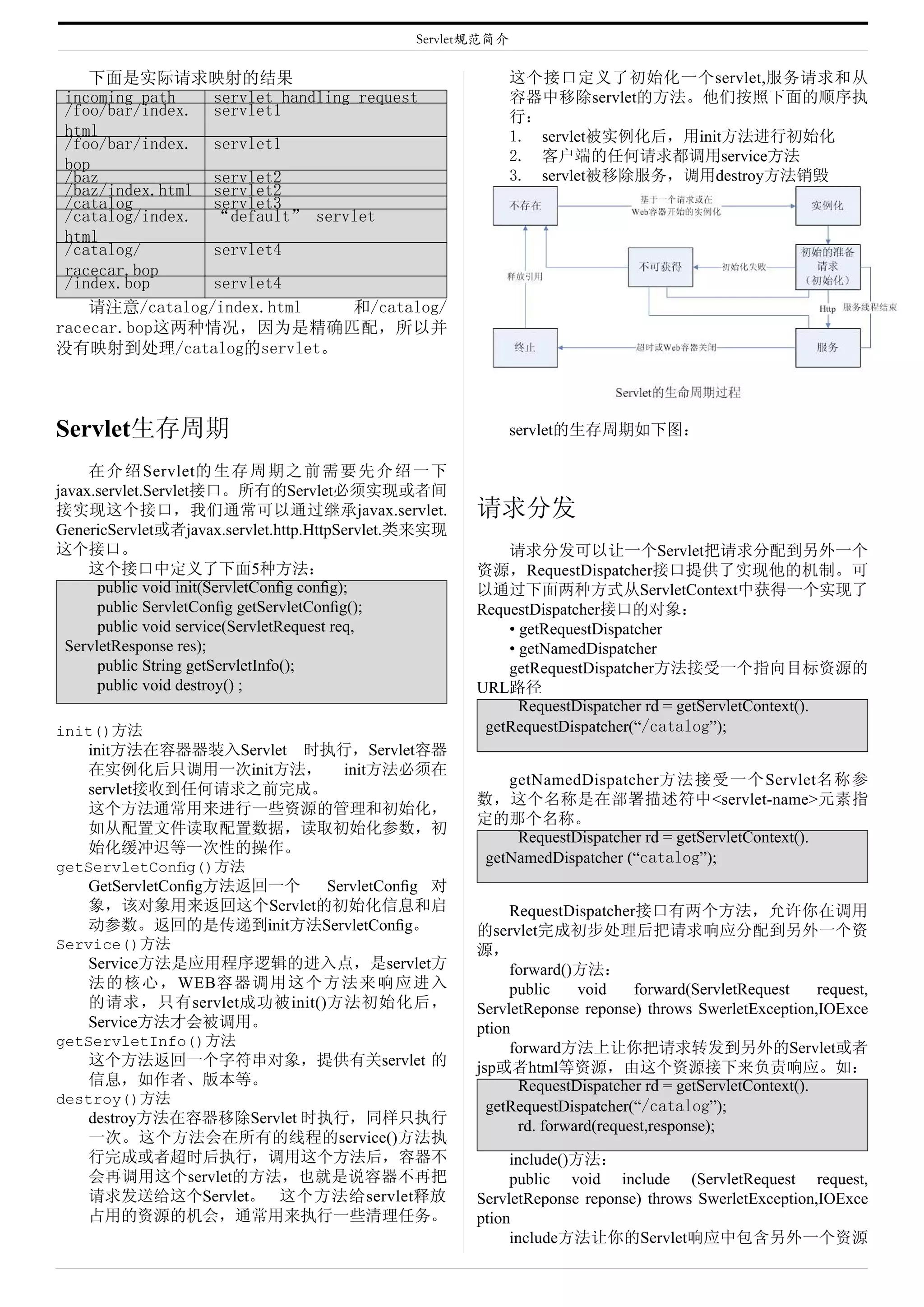 Servlet规范简介

    下面是实际请求映射的结果                                            这个接口定义了初始化一个servlet,服务请求和从
 incoming path   servlet handling request                   容器中移除servlet的方法。他们按照下面的顺序执
 /foo/bar/index. servlet1                                   行：
 html                                                       1. servlet被实例化后，用init方法进行初始化
 /foo/bar/index. servlet1
                                                            2. 客户端的任何请求都调用service方法
 bop
 /baz            servlet2                                   3. servlet被移除服务，调用destroy方法销毁
 /baz/index.html servlet2
 /catalog        servlet3
 /catalog/index. “default” servlet
 html
 /catalog/       servlet4
 racecar.bop
 /index.bop      servlet4
    请注意/catalog/index.html       和/catalog/
racecar.bop这两种情况，因为是精确匹配，所以并
没有映射到处理/catalog的servlet。



Servlet生存周期                                                 servlet的生存周期如下图：

     在 介 绍 Servlet的 生 存 周 期 之 前 需 要 先 介 绍 一 下
javax.servlet.Servlet接口。所有的Servlet必须实现或者间
接实现这个接口，我们通常可以通过继承javax.servlet.                      请求分发
GenericServlet或者javax.servlet.http.HttpServlet.类来实现
这个接口。                                                     请求分发可以让一个Servlet把请求分配到另外一个
     这个接口中定义了下面5种方法：                                  资源，RequestDispatcher接口提供了实现他的机制。可
       public void init(ServletConﬁg conﬁg);          以通过下面两种方式从ServletContext中获得一个实现了
       public ServletConﬁg getServletConﬁg();         RequestDispatcher接口的对象：
       public void service(ServletRequest req,            • getRequestDispatcher
  ServletResponse res);                                   • getNamedDispatcher
       public String getServletInfo();                    getRequestDispatcher方法接受一个指向目标资源的
       public void destroy() ;                        URL路径
                                                            RequestDispatcher rd = getServletContext().
init()方法                                               getRequestDispatcher(“/catalog”);
    init方法在容器器装入Servlet 时执行，Servlet容器
    在实例化后只调用一次init方法， init方法必须在
                                                          getNamedDispatcher方法接受一个Servlet名称参
    servlet接收到任何请求之前完成。
                                                      数，这个名称是在部署描述符中<servlet-name>元素指
    这个方法通常用来进行一些资源的管理和初始化，
                                                      定的那个名称。
    如从配置文件读取配置数据，读取初始化参数，初
                                                           RequestDispatcher rd = getServletContext().
    始化缓冲迟等一次性的操作。
                                                       getNamedDispatcher (“catalog”);
getServletConﬁg()方法
    GetServletConﬁg方法返回一个   ServletConﬁg 对
    象，该对象用来返回这个Servlet的初始化信息和启                             RequestDispatcher接口有两个方法，允许你在调用
    动参数。返回的是传递到init方法ServletConﬁg。                    的servlet完成初步处理后把请求响应分配到另外一个资
Service()方法                                           源，
    Service方法是应用程序逻辑的进入点，是servlet方                         forward()方法：
    法的核心，WEB容器调用这个方法来响应进入                                  public    void    forward(ServletRequest     request,
    的请求，只有servlet成功被init()方法初始化后，                     ServletReponse reponse) throws SwerletException,IOExce
    Service方法才会被调用。                                   ption
getServletInfo()方法                                         forward方法上让你把请求转发到另外的Servlet或者
    这个方法返回一个字符串对象，提供有关servlet 的                       jsp或者html等资源，由这个资源接下来负责响应。如：
    信息，如作者、版本等。                                             RequestDispatcher rd = getServletContext().
destroy()方法
                                                        getRequestDispatcher(“/catalog”);
    destroy方法在容器移除Servlet 时执行，同样只执行                         rd. forward(request,response);
    一次。这个方法会在所有的线程的service()方法执
    行完成或者超时后执行，调用这个方法后，容器不                                 include()方法：
    会再调用这个servlet的方法，也就是说容器不再把                             public void include (ServletRequest request,
    请求发送给这个Servlet。 这个方法给servlet释放                    ServletReponse reponse) throws SwerletException,IOExce
    占用的资源的机会，通常用来执行一些清理任务。                            ption
                                                           include方法让你的Servlet响应中包含另外一个资源
 